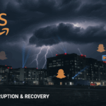 AWS global outage article: data centers under storm clouds, logos of affected platforms, recovery efforts
