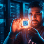 Engineer holding a low-power chip representing the race for Edge AI supremacy in a high-tech lab