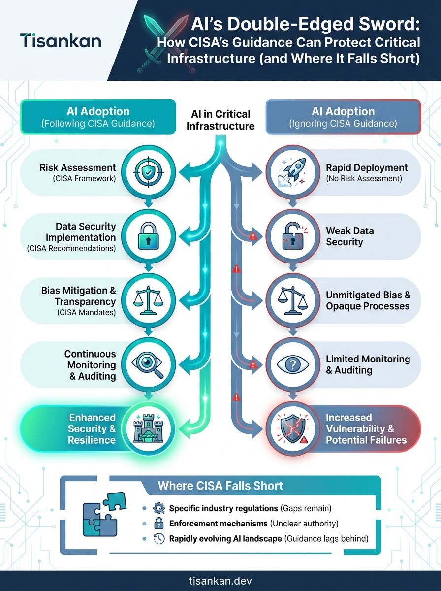 AI Critical Infrastructure Security: Guarding Giants: AI's Double-Edged Sword & CISA's Critical Infrastructure Guide 2 tisankan AI Critical Infrastructure Security Infographic