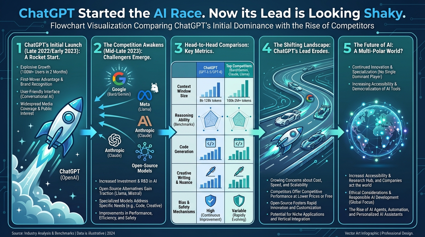 7 Critical Shifts: ChatGPT started the AI race. Now its lead is looking shaky. 2 tisankan ChatGPT started the AI race. Now its lead is looking shaky. Infographic