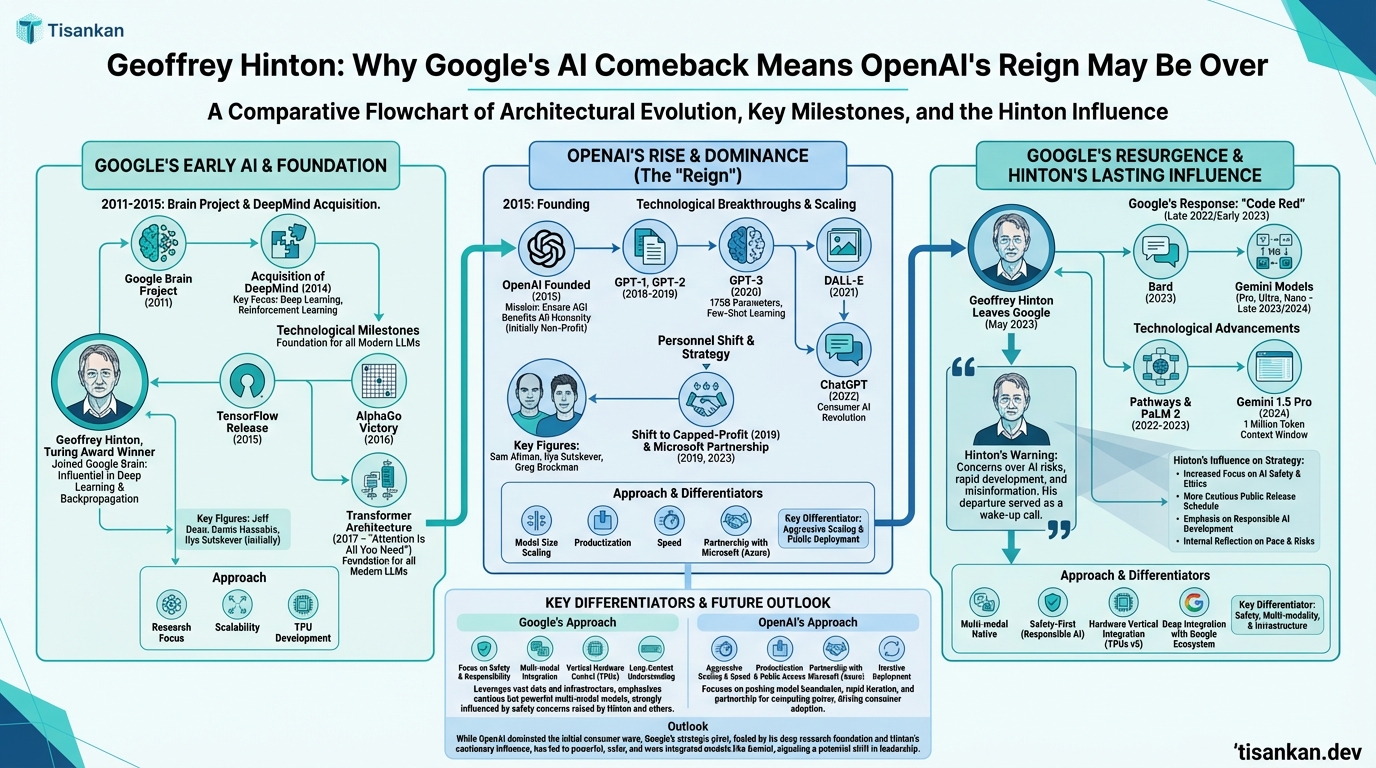 Hinton's Exodus and Google's Gemini: Is OpenAI's Dominance About to End? 2 tisankan Geoffrey Hinton: Why Google's AI Comeback Means OpenAI's Reign May Be Over Infographic
