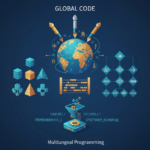 A diverse group of developers collaborating on non-English programming code.