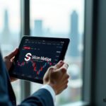 Silicon Motion Technology Stock concept with upward arrow and circuit board background